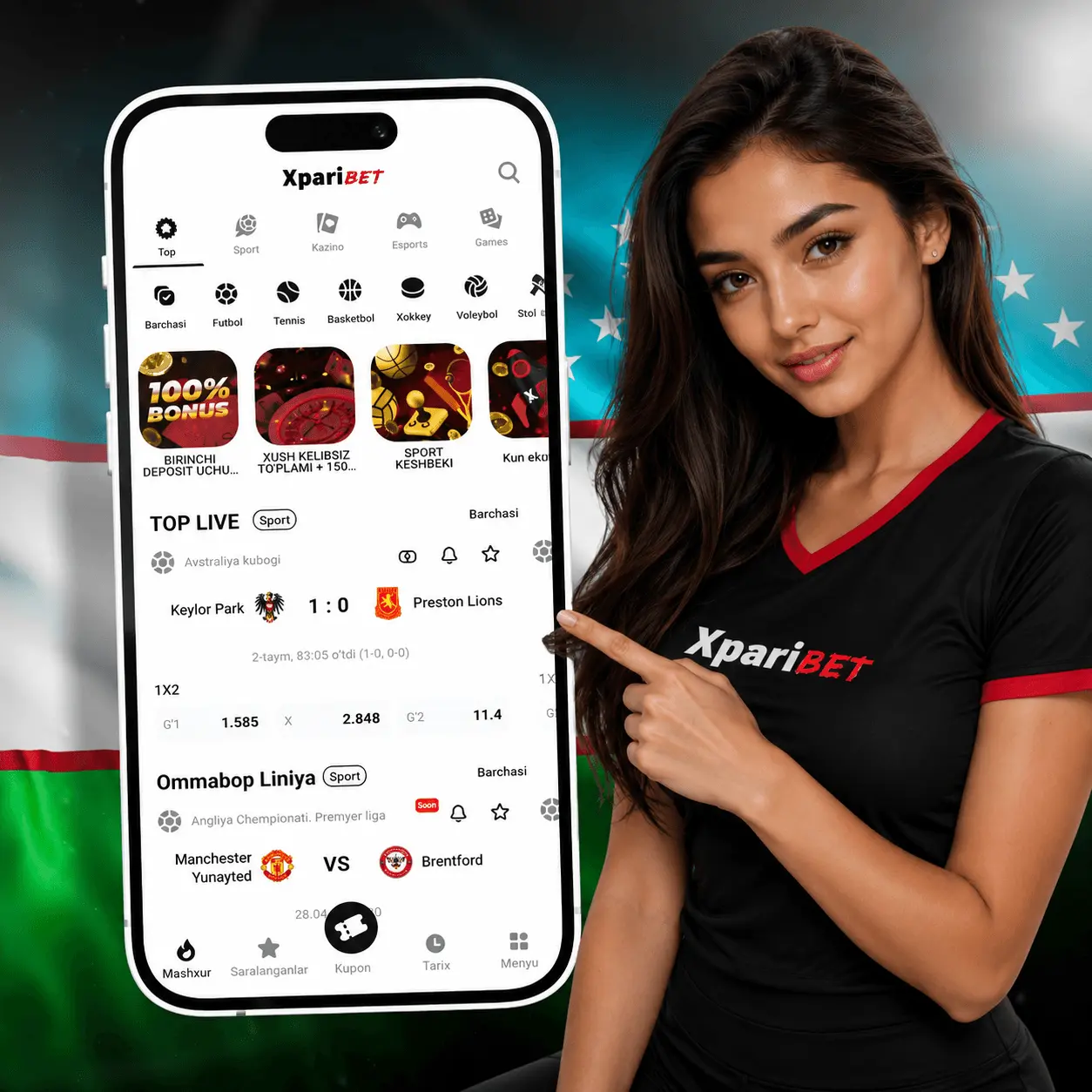 Xparibet ilovasining smartfondagi bosh ekrani: sport, kazino, Esports boʻlimlari, koeffitsiyentli jonli oʻyinlar va 100% bonus, interfeys oʻzbek tilida